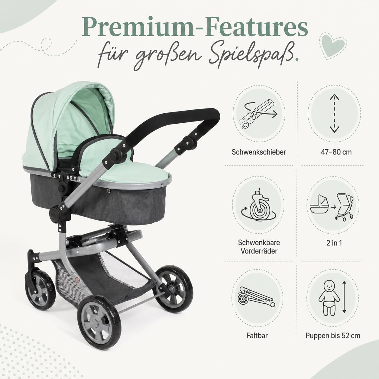 Bayer Chic 2000® Wózek dla lalek Mika 2 w 1, miętowy, składany, z regulacją wysokości 47-80 cm, nowoczesny stelaż, lalki do 52 cm, 4-8 J.