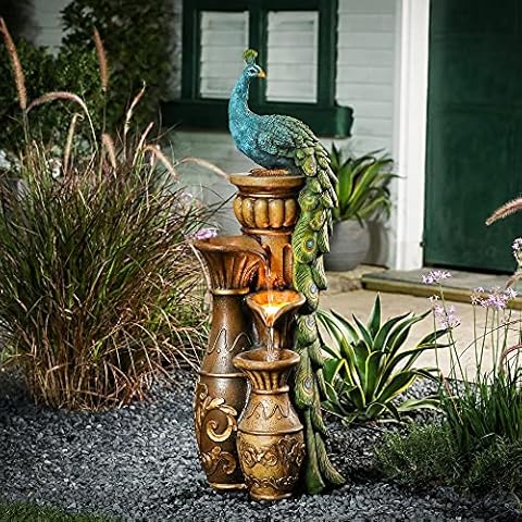 LuxenHome 44" Resin Peacock Outdoor Fountain with LED Light Cover