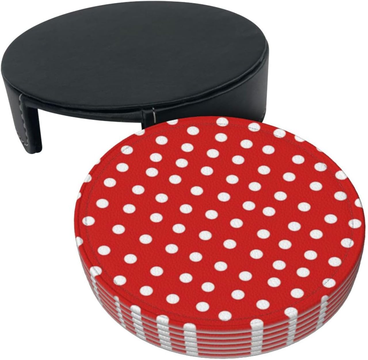 ホルダー付きドリンクコースター6点、4インチレッド水玉ドリンクコースター、カップやコーヒーテーブルに適しています