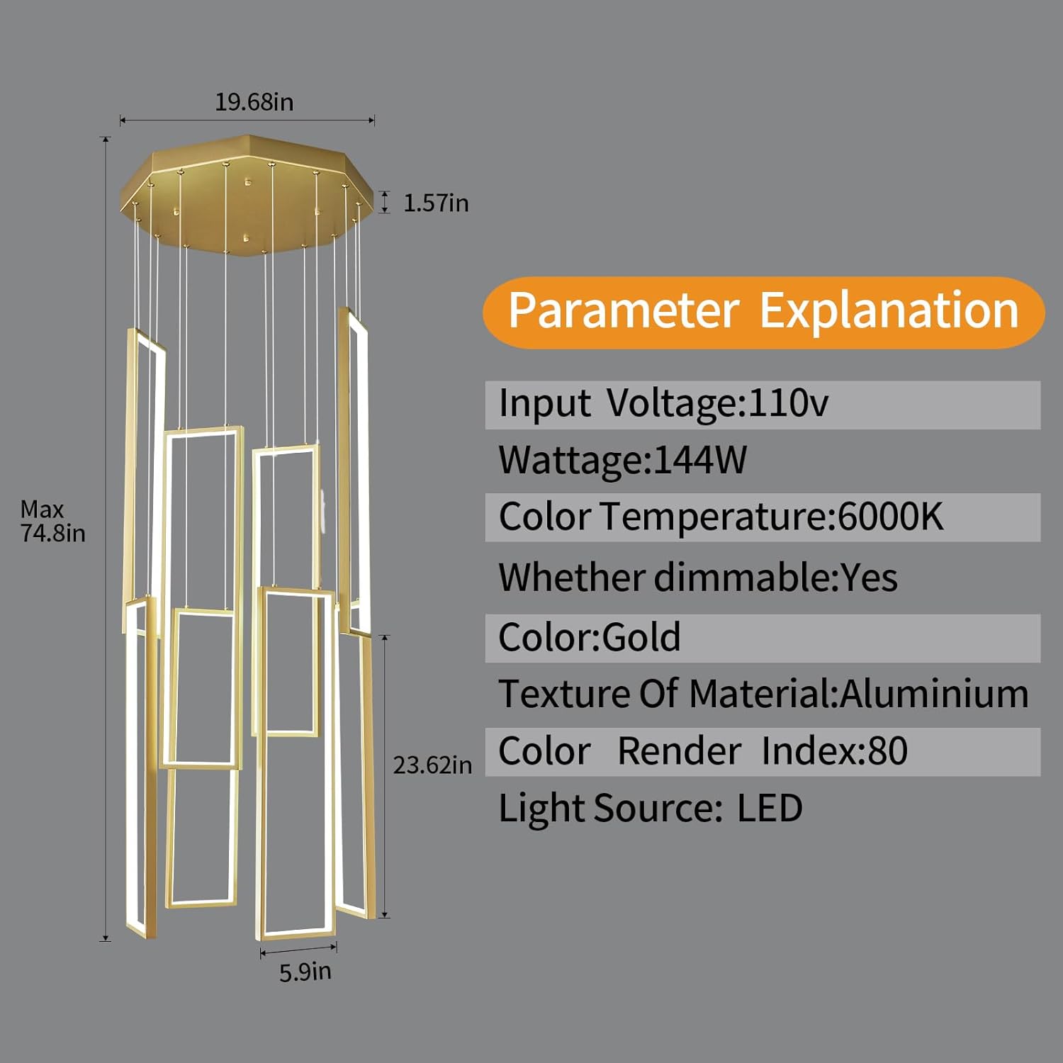 Modern Kitchen Island Dimmable Pendant Light Fixture Gold 144W LED Pendant Lights 8 Rings Rectangular Chandelier Staircase Large Chandelier Lobby Living Room Foyer High Ceiling Chandeliers