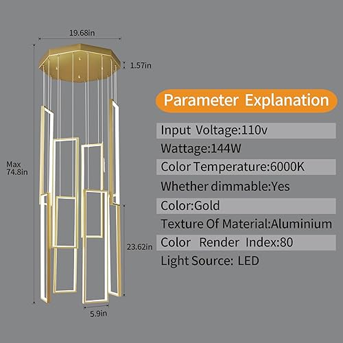 Miniatura 54 de Lámpara colgante moderna para isla de cocina, regulable, color negro, 54 W, luces colgantes LED, 4 anillos, candelabros rectangulares, escalera