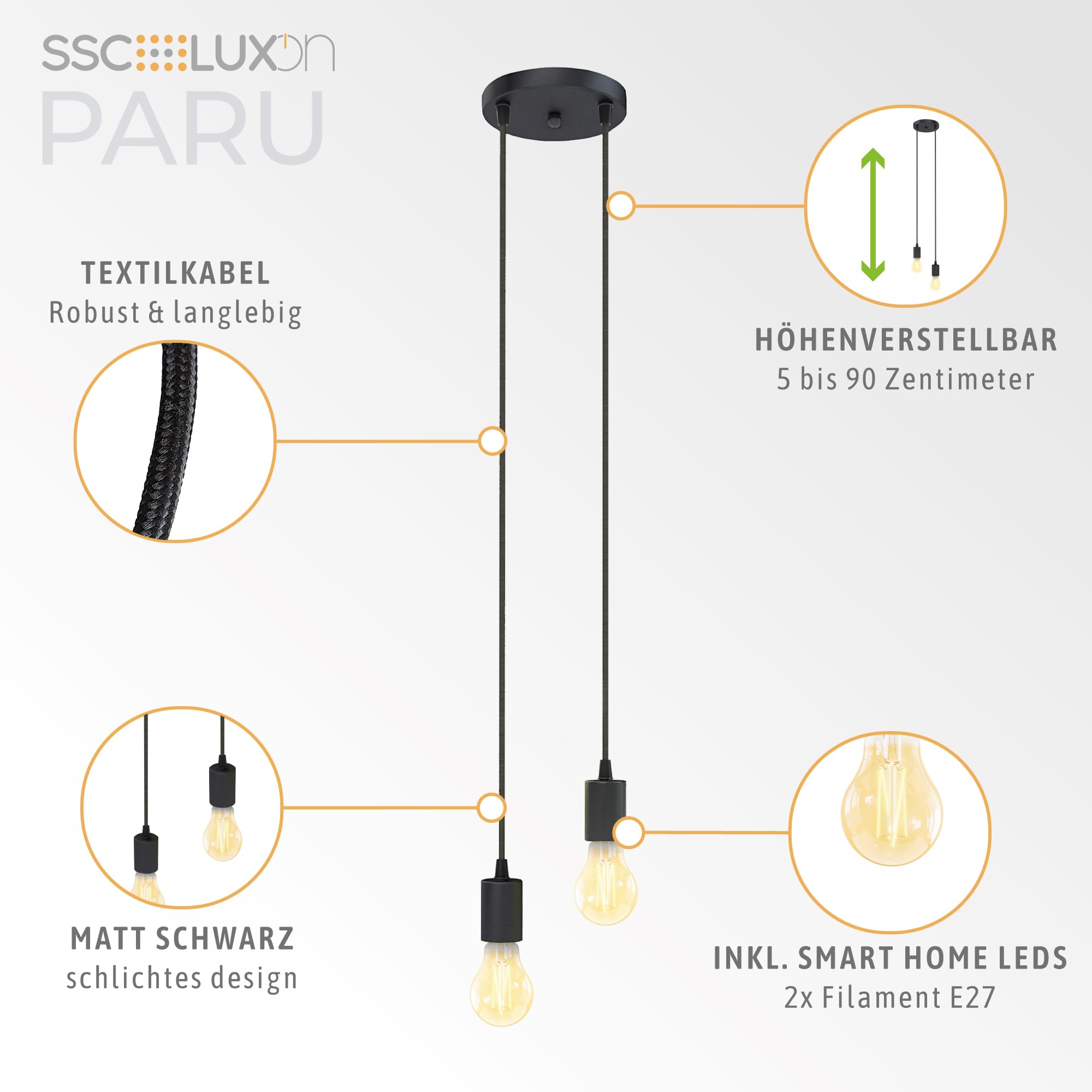 SSC-LUXon PARU Pendelleuchte Vintage 2-flammig - Hängelampe inkl. Smart CCT LED Lampen WLAN kompatibel mit Alexa, Siri & Google