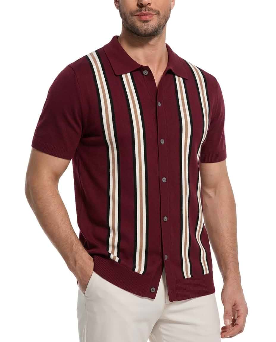 Knit Button Down Shirt Men- Men's Vintage Knit Polo Shirt- 70s Short Sleeve Retro Polo Shirts Vertical Stripes for Casual Short Sleeve