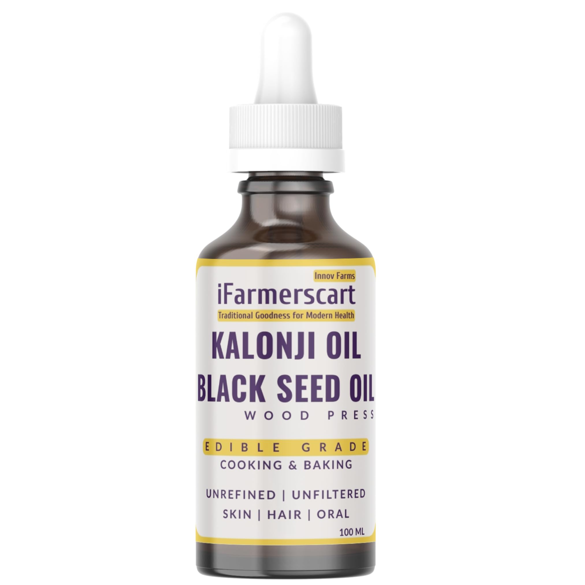 Wood Pressed Black Seed Oil - 100ml Dropper | Kalonji Oil | Rich in Thymoquinone, Omega-3/6, Antioxidants | Pure Edible for Cooking, Hair, Skin & Face | Unfiltered Unscented | True Cold Pressed