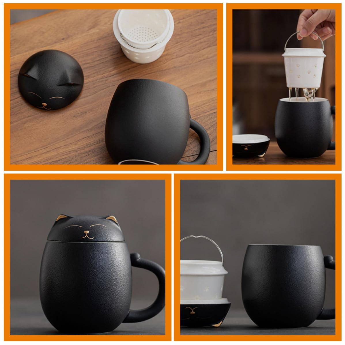 Tazza in Ceramica da 400ml con Filtro e Coperchio, Tazza Mug Nero Decorata con Gatto, per Ristoranti e Caffè