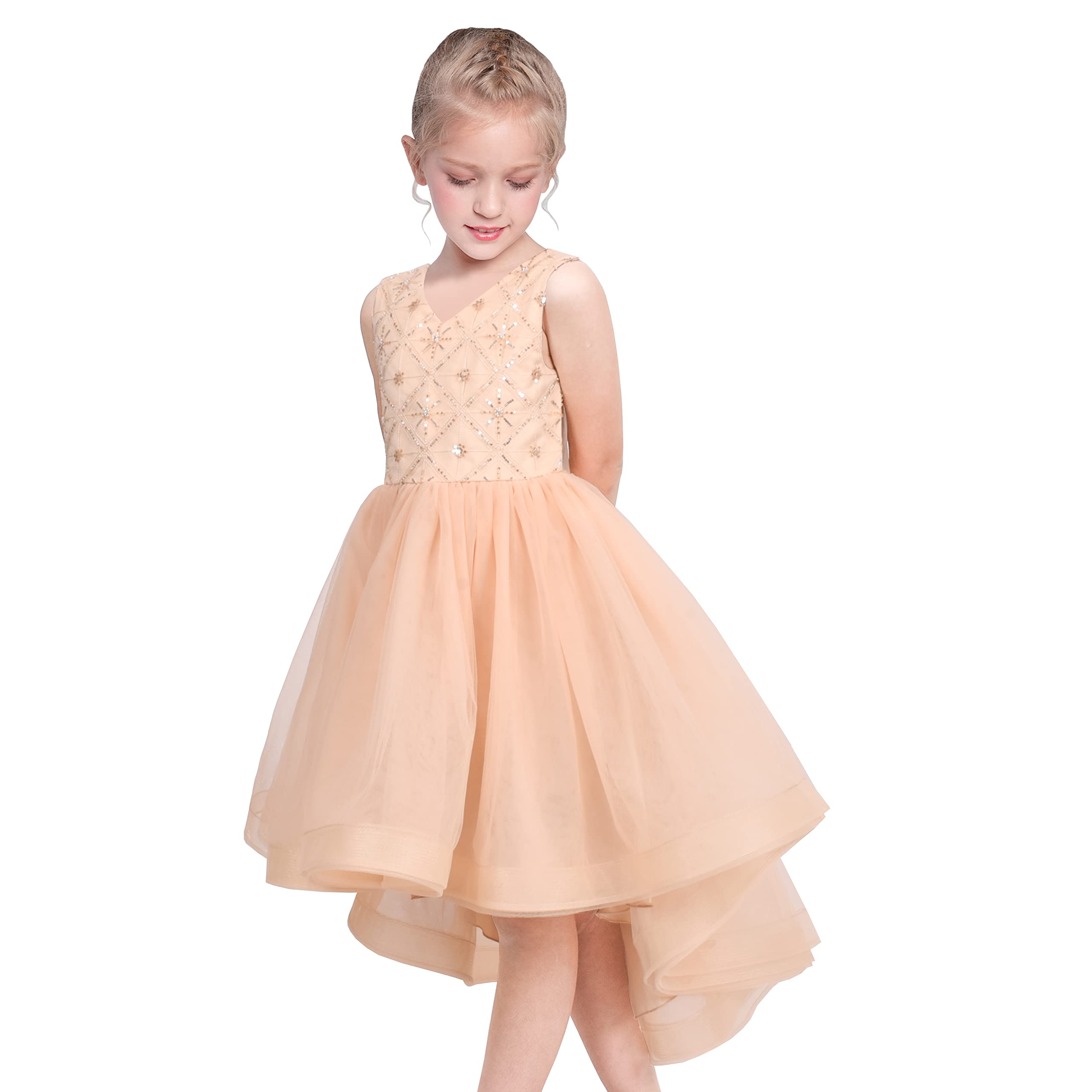 Sunny Fashion Vestido para niña Flor champán Lentejuela Alto bajo Boda Dama de Honor 4-10 años