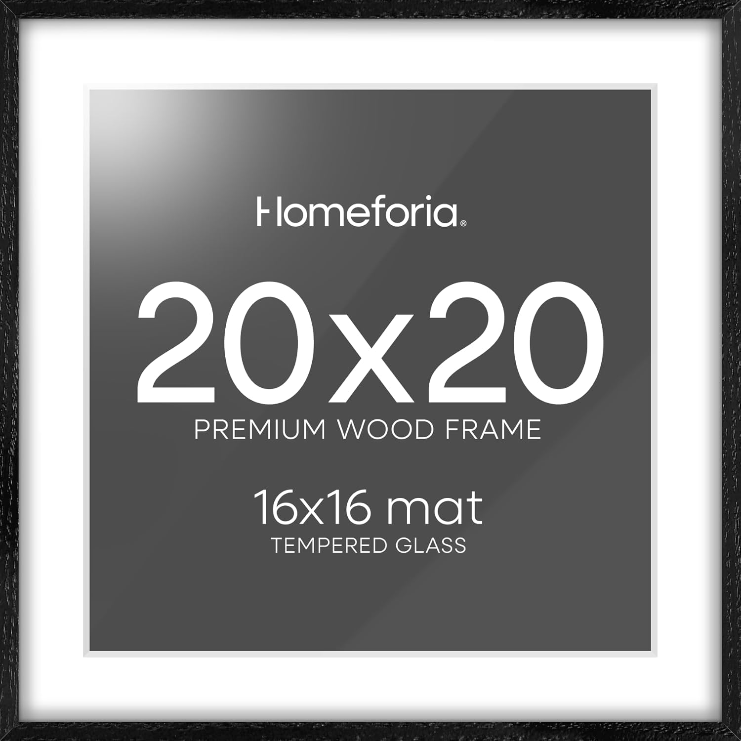 Homeforia 20x20 Black Wood Frame, High End Oak 20 x 20 Square Picture Frames with Mat 16 by 16 inches Photo, 20by20 Black Wooden Poster Frames Matted to 16x16 Print, Tempered Glass, Wall Kit, Set of 1 20x20 Wood Black Oak
