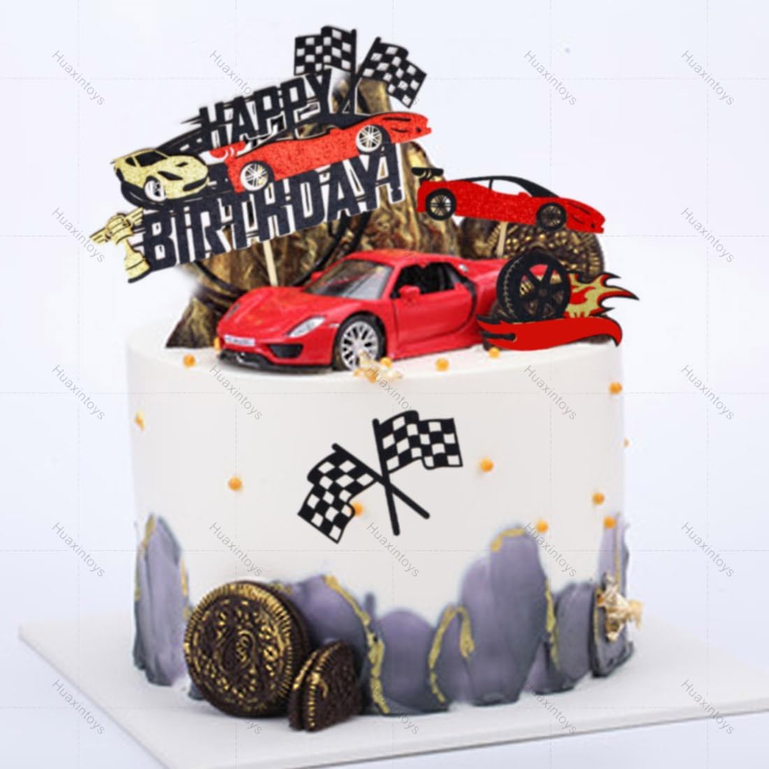 Set Decorazione Torta Auto 28 Pezzi – Palline, Bandiera A Scacchi, Casco, Volante E Pneumatici Per Compleanno A Tema Cars