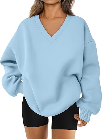 Oversized V Neck Sweatshirt Women Casual Loose Long Sleeve Fleece Pullover Tops Drop Shoulder Sweaters Cute Hoodies
