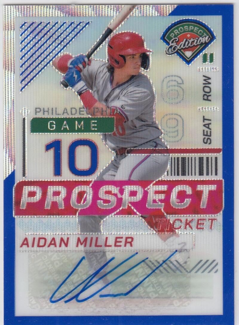 Baseball Trading Card 2024 Panini Prospect Edition Holo Prospect Ticket Signatures Blue Wave #190 Aidan Miller EX/NM Auto 63/75 Phillies
