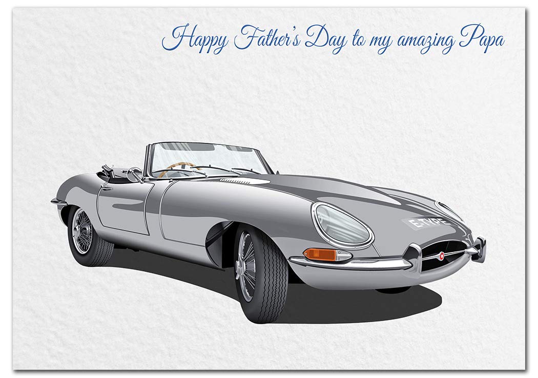 Extra Large Happy Father’s Day Card to Papa - XL Big thick A4 Size Greeting - Classic E-Type Jag Car Driver - Cool Vector Art - Unique Unusual Huge Good Wishes - UK Eco-Friendly