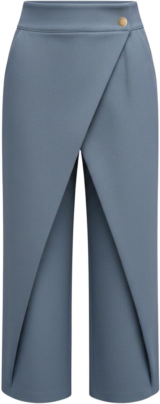 High Waisted Dressy Pants for Women Wrap Straight Crop Trousers Splited Palazzo Skirt Pant for Vacation Work