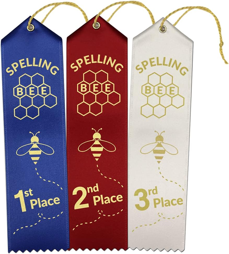 45 Pack - Spelling Bee Ribbons, 15 each 1st, 2nd, 3rd Place with Card & String