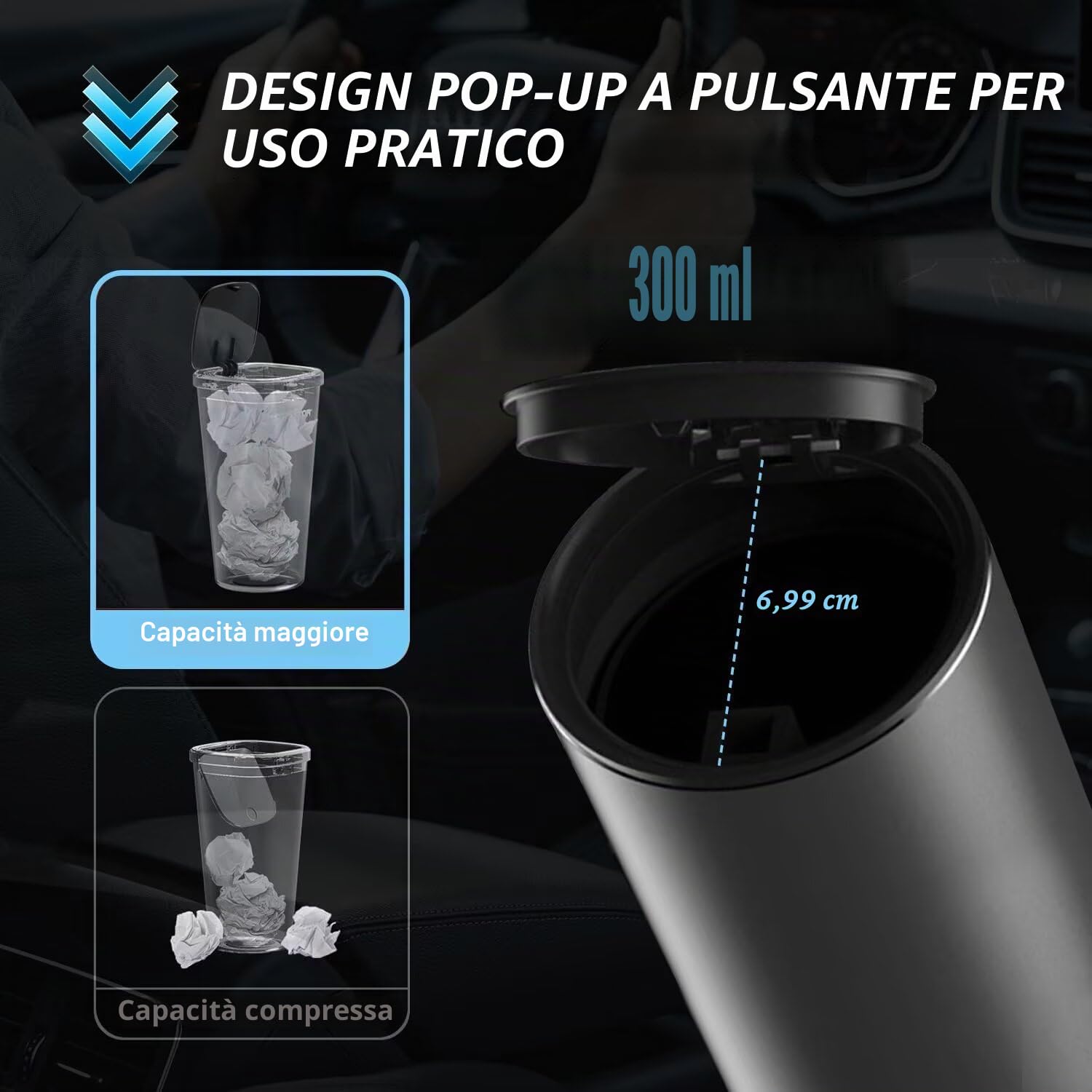 KOOMTOOM Pattumiera Mini Car Portabicchieri in Lega, 300ml Smontabile Pattumiera Spazzatura con Coperchio a Prova di Perdite per Auto Universale (Grigio Scuro)