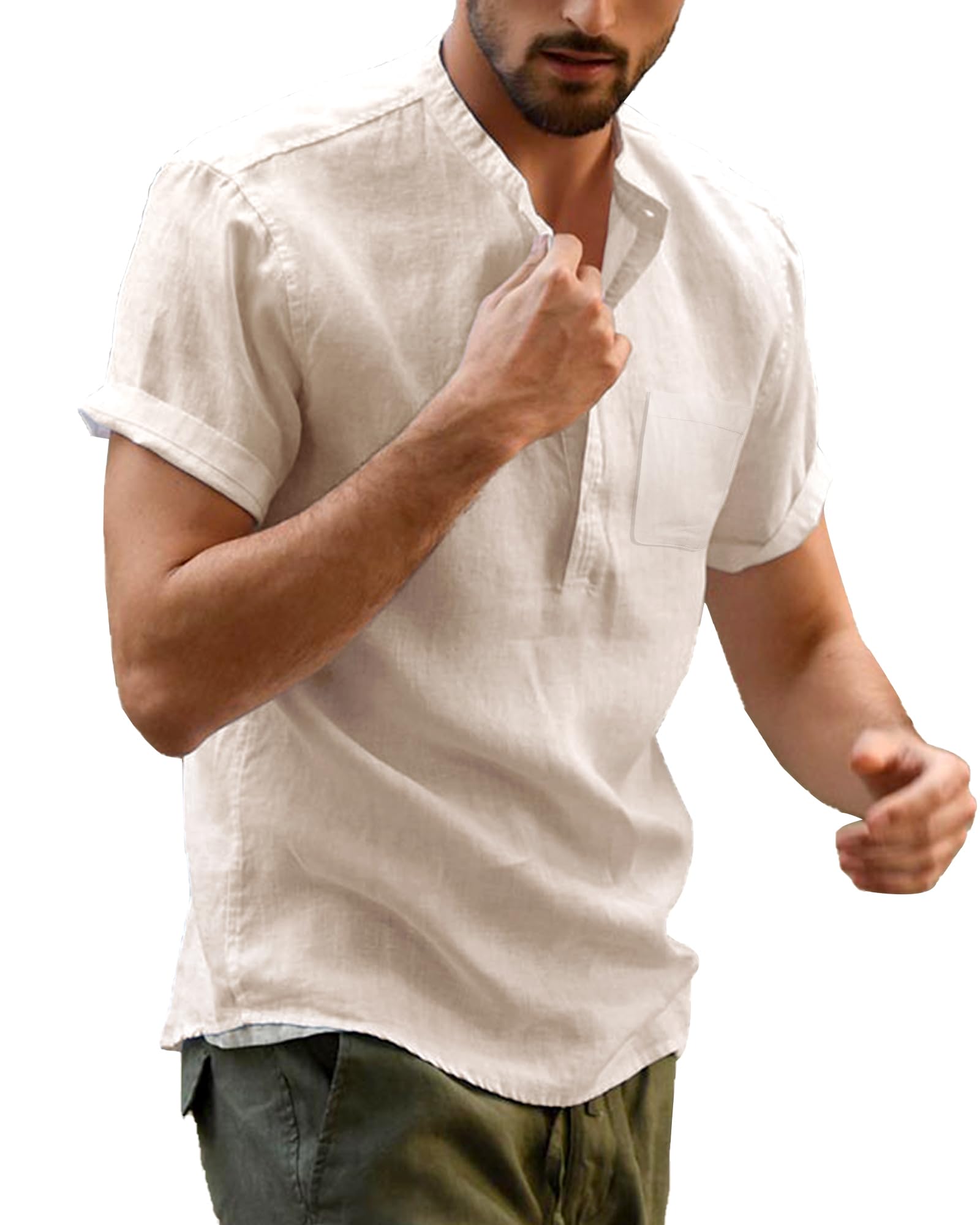 Chemise Lin Homme Manche Courte Shirt for Mens Col Mao Leger en Coton Plage Classique