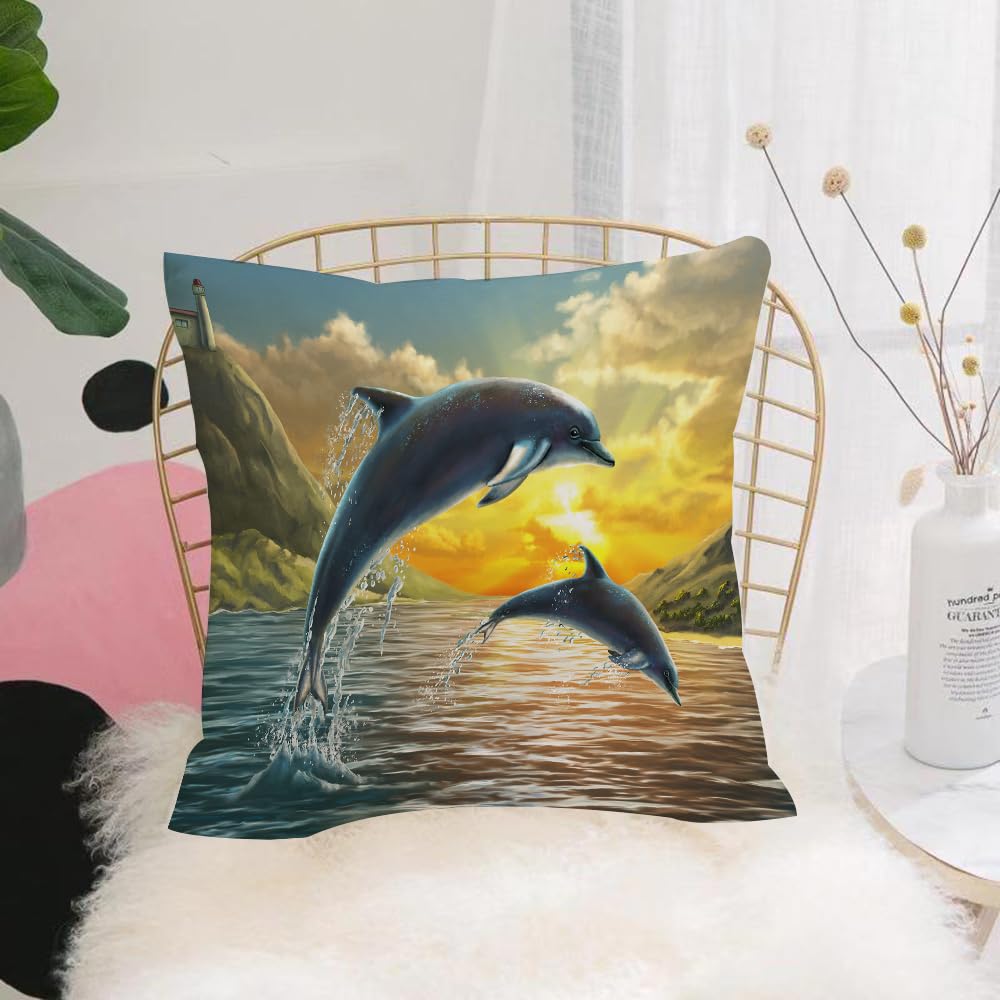HYOSXW Cushion Cover,Throw Pillow Case Home Decorative for Living Room Bedroom Sofa Chair 16X16 Inch,Dolphins' sunset along the lighthouse,Ocean dolphin in golden,Dolphins dancing,Pillowcase 40X40cm