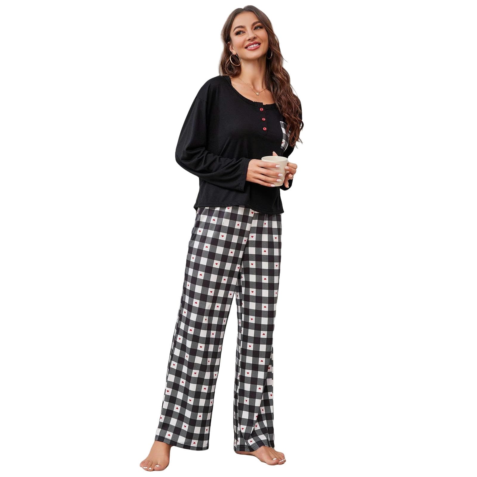 Pigiama Donna Cotone Pigiama da Donna Primavera E Autunno A Manica Lunga A Pianta U Tasca Tascabile Vestiti per La Casa A Due Pezzi Set-23009-nero-s