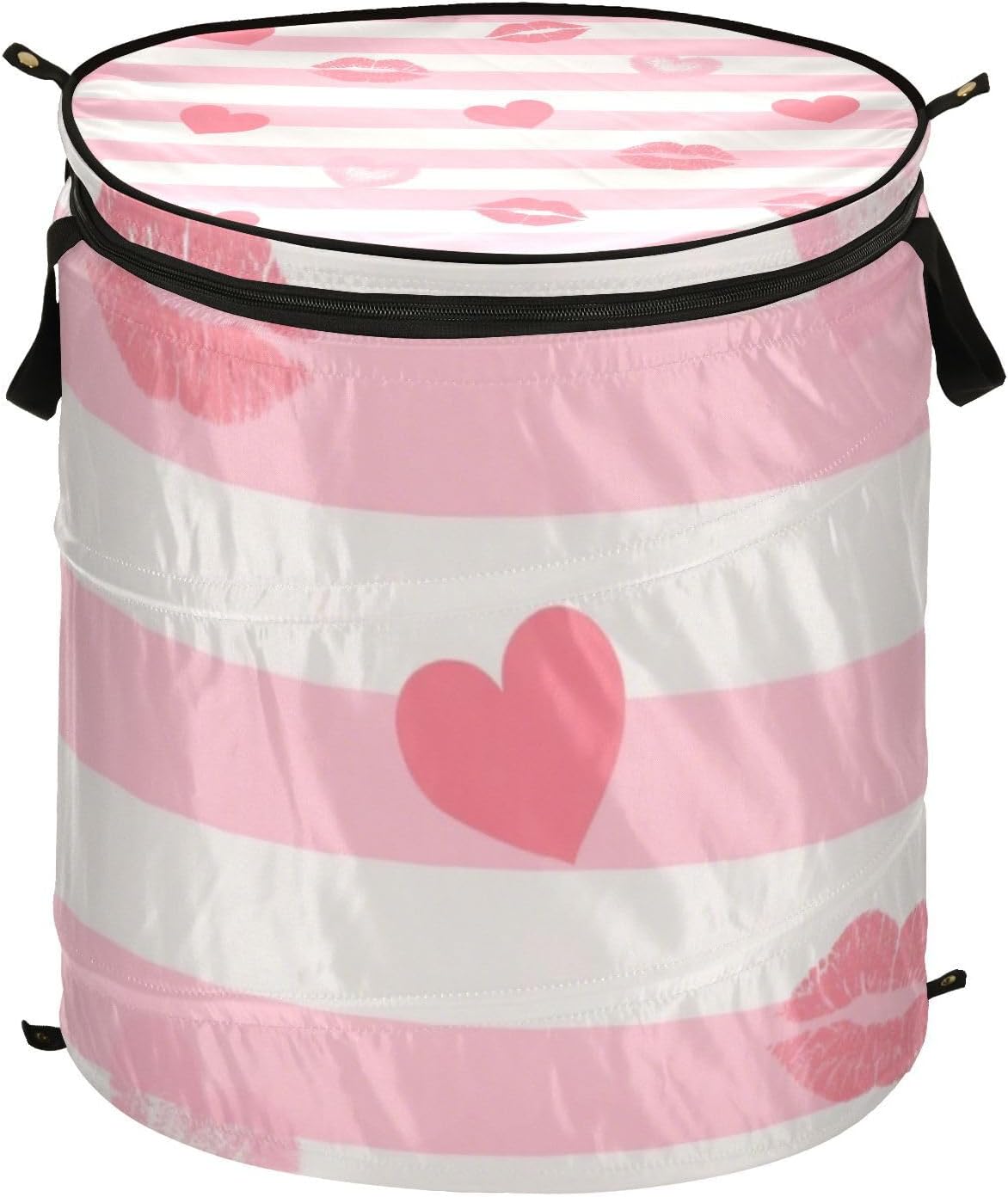 Pink White Stripes Heart Lip Love laundry basket folding and waterproof clothes storage basket with sturdy handle lids accessories utility for desk dorm bathroom storsge