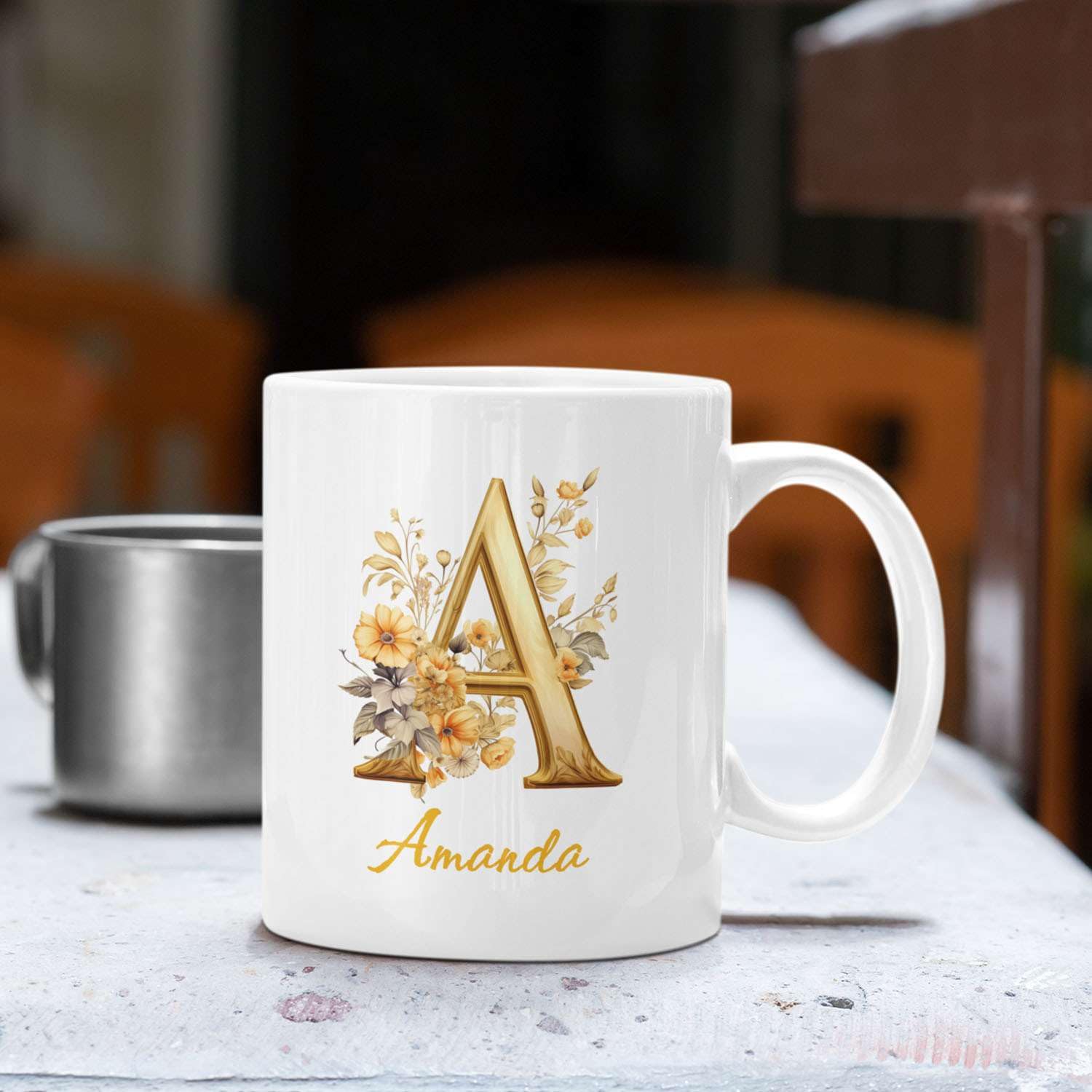 Floral Initial Ceramic Mug, Personalized Coffee Cup For Mom