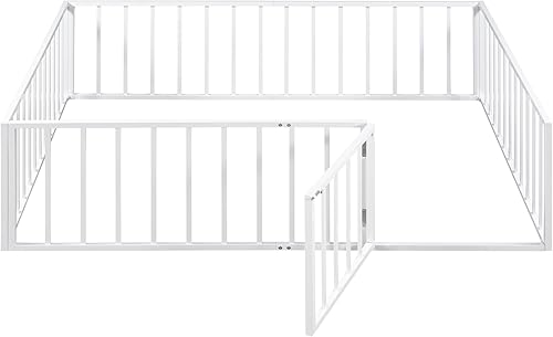 Miniatura 8 de Harper &amp; Bright Designs Marco de cama de metal de tamaño matrimonial con rieles, cama de suelo Montessori matrimonial con valla y puerta, para niños