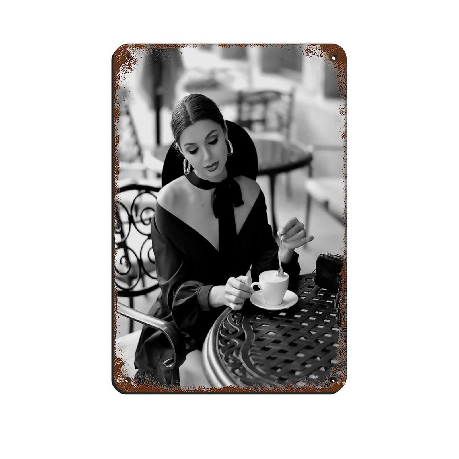 Woman Drinking Coffee in Paris Retro Poster Metal Tin Sign Chic Art Retro Iron Painting Bar People Cave Cafe Family Garage Poster Wall Decoration 8x12inch(20x30cm)