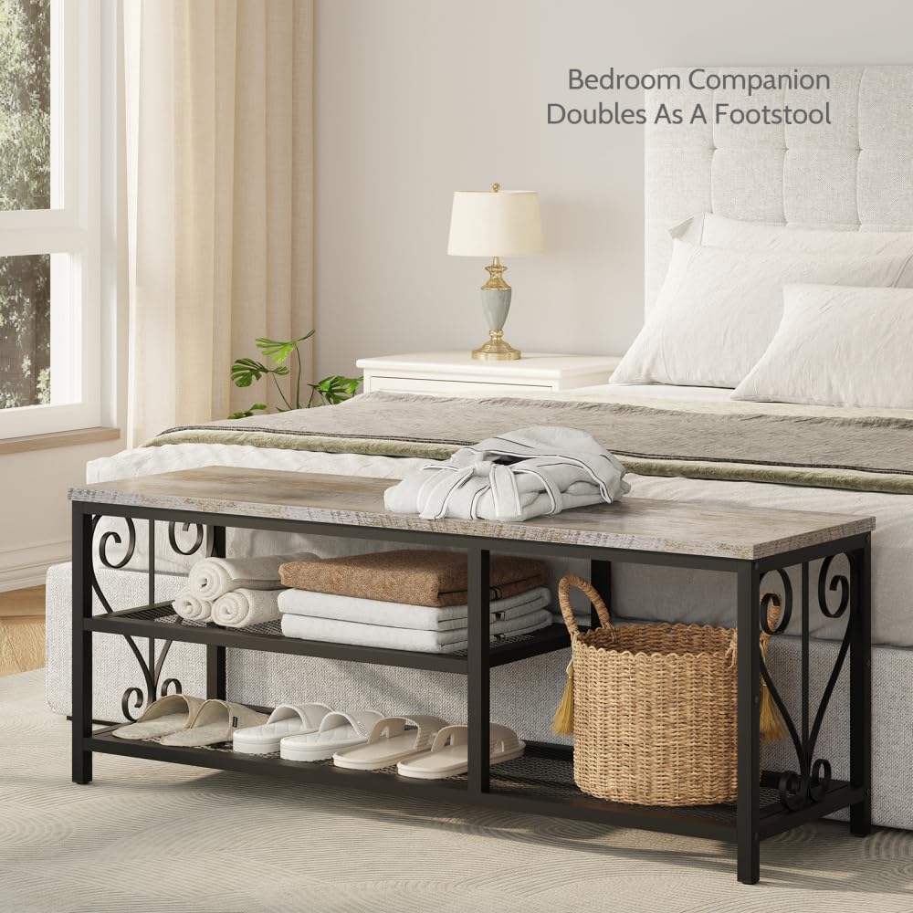 Vividwood Entryway Storage Bench with Shoe Rack, 47.2" Wide Hallway Bench with Seating, Rustic Wood Top & Metal Frame, 2-Tier Shoe Organizer for Entryway, Bedroom, or Living Room, Weathered Wood