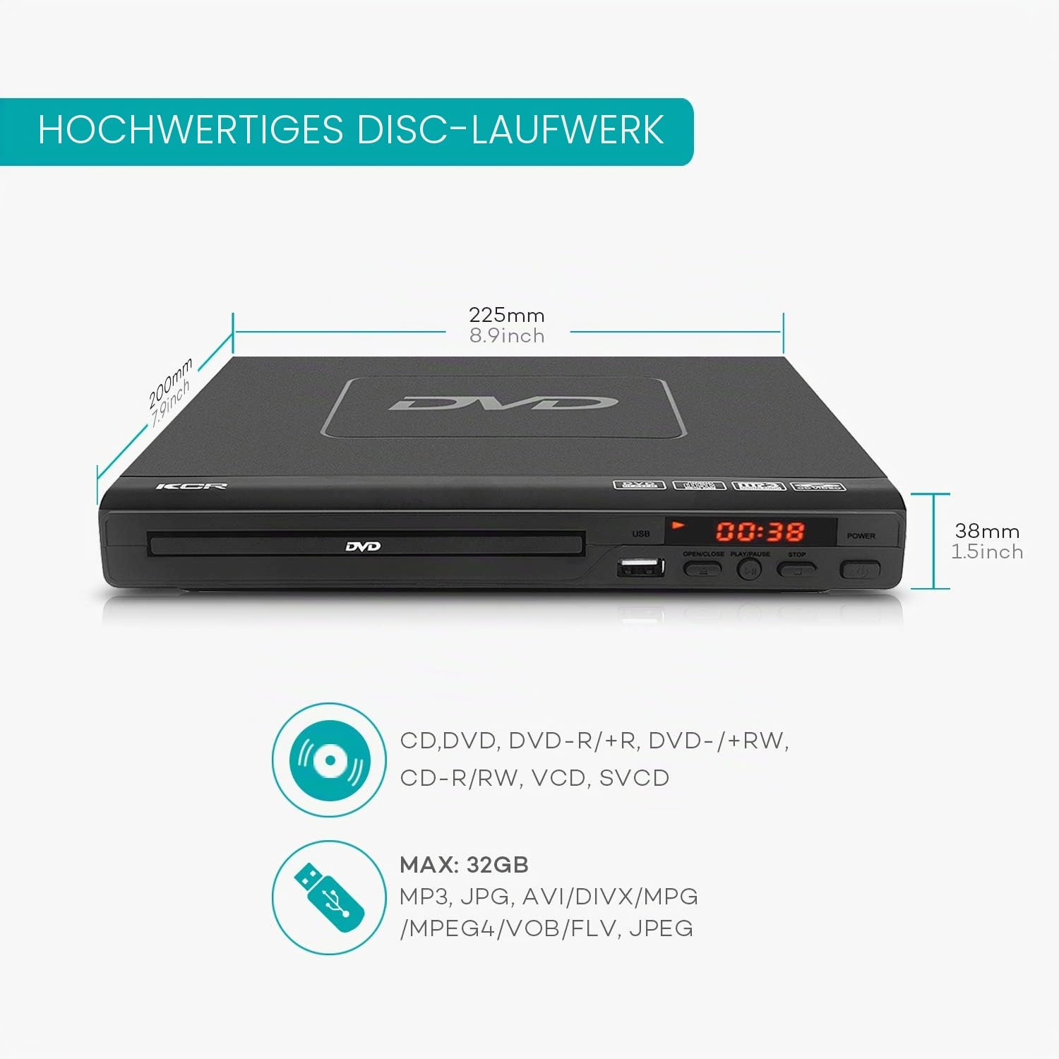 KCR DVD-Player für TV, DVD/CD / MP3 mit USB-Anschluss, HDMI- und AV-Ausgang (HDMI- und AV-Kabel enthalten), Fernbedienung