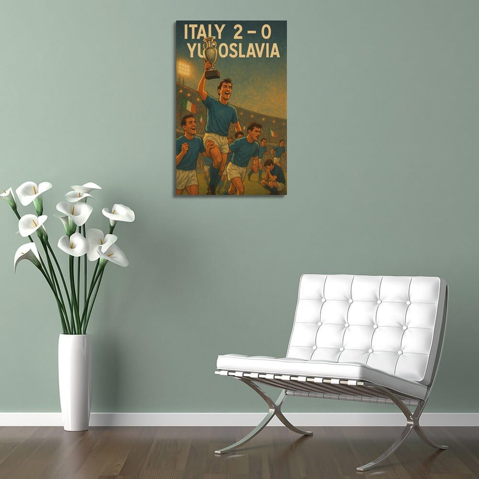 ZlXXYZ Poster su tela per decorazione moderna per famiglia e ufficio, poster su tela, personaggio retrò della squadra di calcio italiana che celebra il campionato con trofeo, 40 x 60 cm, stile cornice
