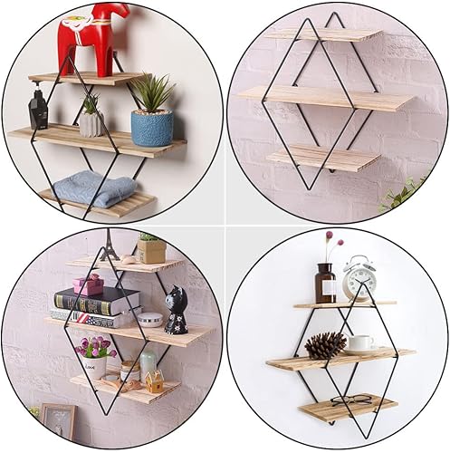 Miniatura 7 de Cabilock Estante flotante de pared para decoración del hogar, estantes flotantes de madera rústica geométrico: estante de pared de 3 niveles