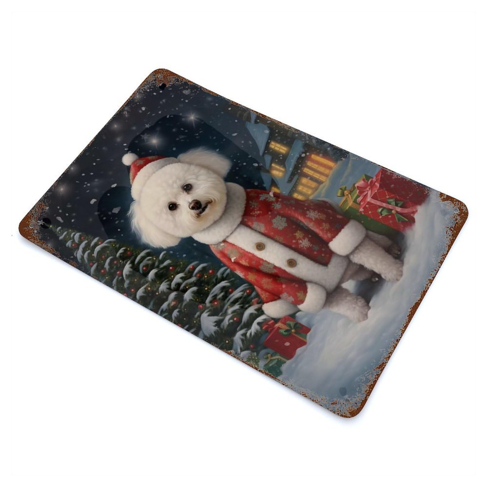 Bichon Frise Christmas Dog Rustic Tin Plaque 11.8"x7.9", Ideal for Shed, Workshop And Garage Wall Decor