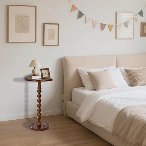 Miniatura 7 de Mesa auxiliar redonda para espacios pequeños, mesa de bebidas con pedestal de madera de roble, mesa auxiliar moderna para sala de estar, dormitorio,