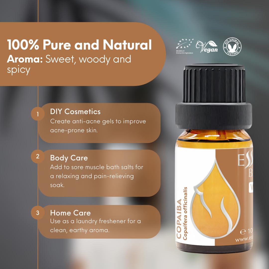 Essences Bulgaria Olio Essenziale di Copaiba Biologico 10 ml | Copaifera officinalis | 100% Puro e Naturale | Non Diluito | Grado Terapeutico | Aromaterapia | Cosmetici | Senza crudeltà | Non OGM
