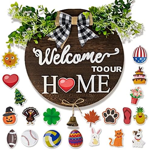 HippoHome Interchangeable Welcome Sign with Decorations: Hanging Wooden Welcome Sign with 20 Seasonal Ornaments and Bell – Switchable Signs for Home & Front Door or Porch Decor – Housewarming Gifts HippoHome Interchangeable Welcome Sign with Decorations: Hanging Wooden Welcome Sign with 20 Seasonal Ornaments and Bell – Switchable Signs for Home & Front Door or Porch Decor – Housewarming Gifts
