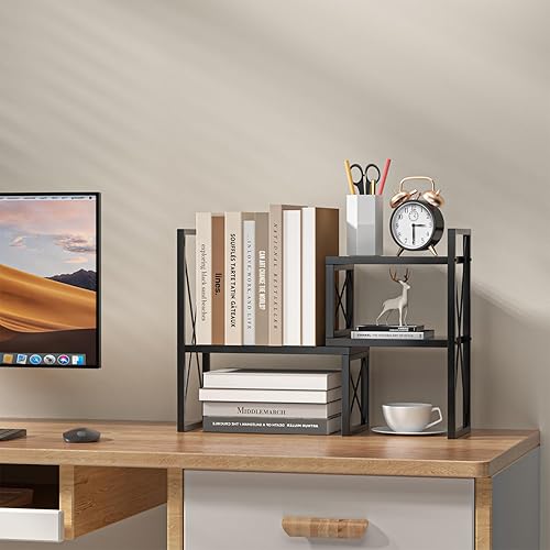 Miniatura 6 de Organizador de estante de escritorio, estantería pequeña para oficina, estantes superiores de escritorio de madera, organización y almacenamiento de