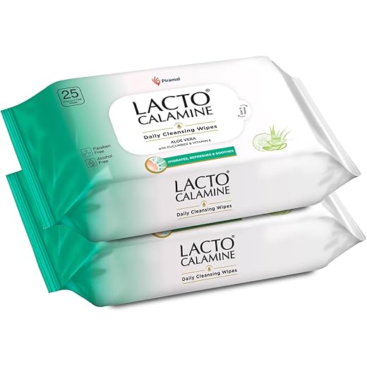 Lacto Calamine Daily Cleansing Face Wipes 25N Each - Pack of 2 | Makeup Remover Wipes | Wet Tissue for Face with Aloe Vera, Cucumber & Vitamin E | Wet Wipes for Women & Men | Paraben & Alcohol Free