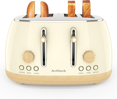 Tostadora de 4 rebanadas, tostadora retro de acero inoxidable con ranuras extra anchas, doble panel de control independiente, cancelación, bagel,