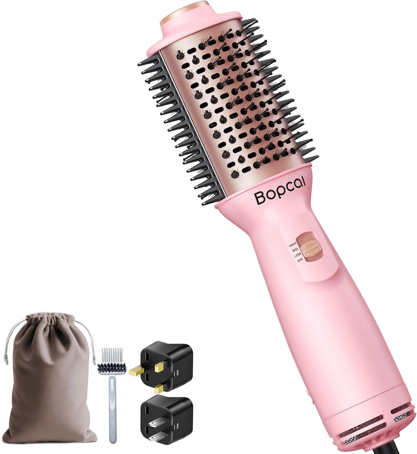 Dual Voltage Travel Blow Dryer Brush, Mini Hair Dryer Brush with Auto 100–240V, EU/UK Plug Ready, 4-in-1 Compact Hot Air Brush Lightweight, Ionic for Smooth & Voluminous Hair Anywhere