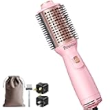 Dual Voltage Travel Blow Dryer Brush, Mini Hair Dryer Brush with Auto 100–240V, EU/UK Plug Ready, 4-in-1 Compact Hot Air Brush Lightweight, Ionic for Smooth & Voluminous Hair Anywhere