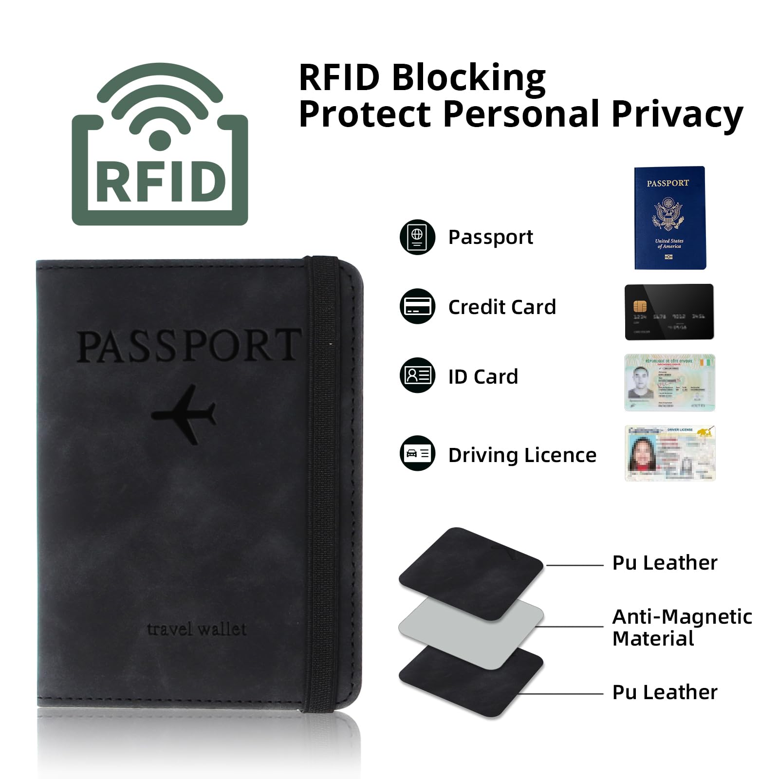 Etui na paszport, etui na paszport z blokadą RFID, 2 sztuki, etui na paszport ze skóry PU, wielofunkcyjny organizer na paszport, dowód osobisty, karty kredytowe, dokumenty podróżne, czarny,