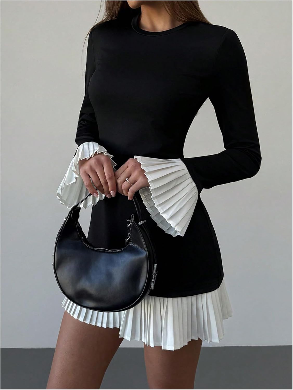 GORGLITTER Women's Long Sleeve Pleated Bubble Dress Elegant Classy Fall Color Block Patchwork Formal Prom Mini Dresses - Image 4