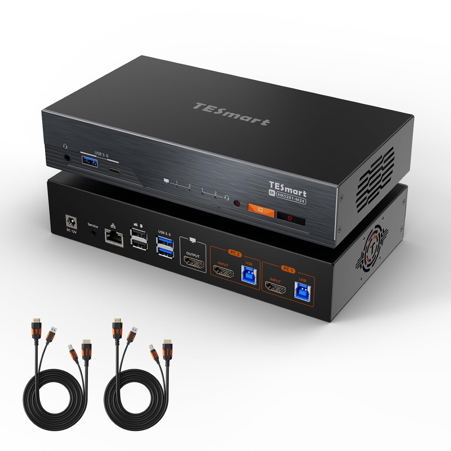 TESmart Pack KVM HDMI 8K@60Hz 2 PC 1 Moniteurs + Câble HDMI 2.1 Fibre Optique 10 m, 48 Gbit/s, 4K@144Hz, USB 3.0, EDID, Réseau Gigabit, HDCP 2.3