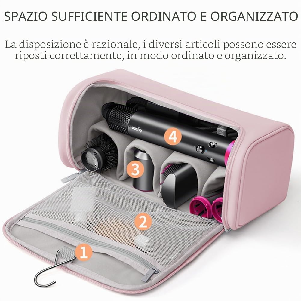 Custodia da Viaggio Impermeabile Compatibile con Dyson Airwrap/Supersonic - Organizer Portatile con Gancio per Arricciacapelli, Accessori e Styler - Borsa Multitasche Protettiva (Rosa)