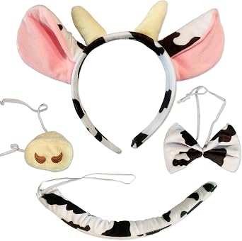 JIALWEN Role Playing Games Animal Cosplay Costume 4 Pieces Set Cow Ears Headband Nose Bowtie and Tail Party Halloween Dress Up Accessories