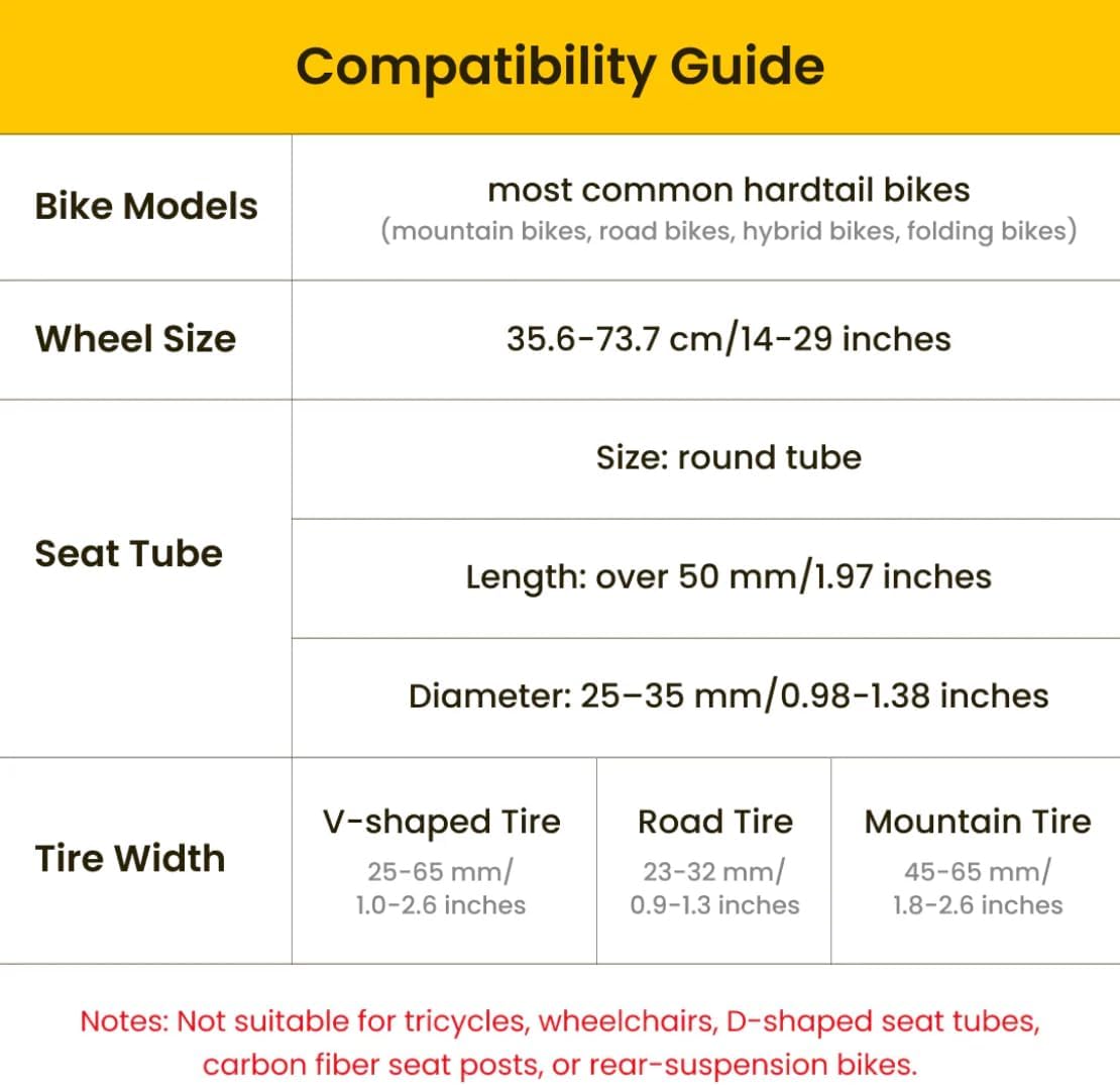 Compatibility guide for LIVALL PikaBoost 2 showing bike model, wheel size, seat tube, and tire width requirements.