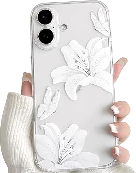 NITITOP Compatible with iPhone 16 Case Clear Cute Flower Floral Lily Butterfly Pattern for Women Girls Transparent Full Camera Lens Soft TPU Shockproof Protective Phone Cover - White