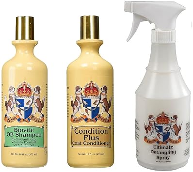 Crown Royale Dog Grooming Bundle 16 oz - Biovite Shampoo No. 3, Gives Texture/Adds Volume - Condition Plus Coat Conditioner, Add Moisture - Ultimate Detangling Pet Spray, Ready to Use, Remove Tangles