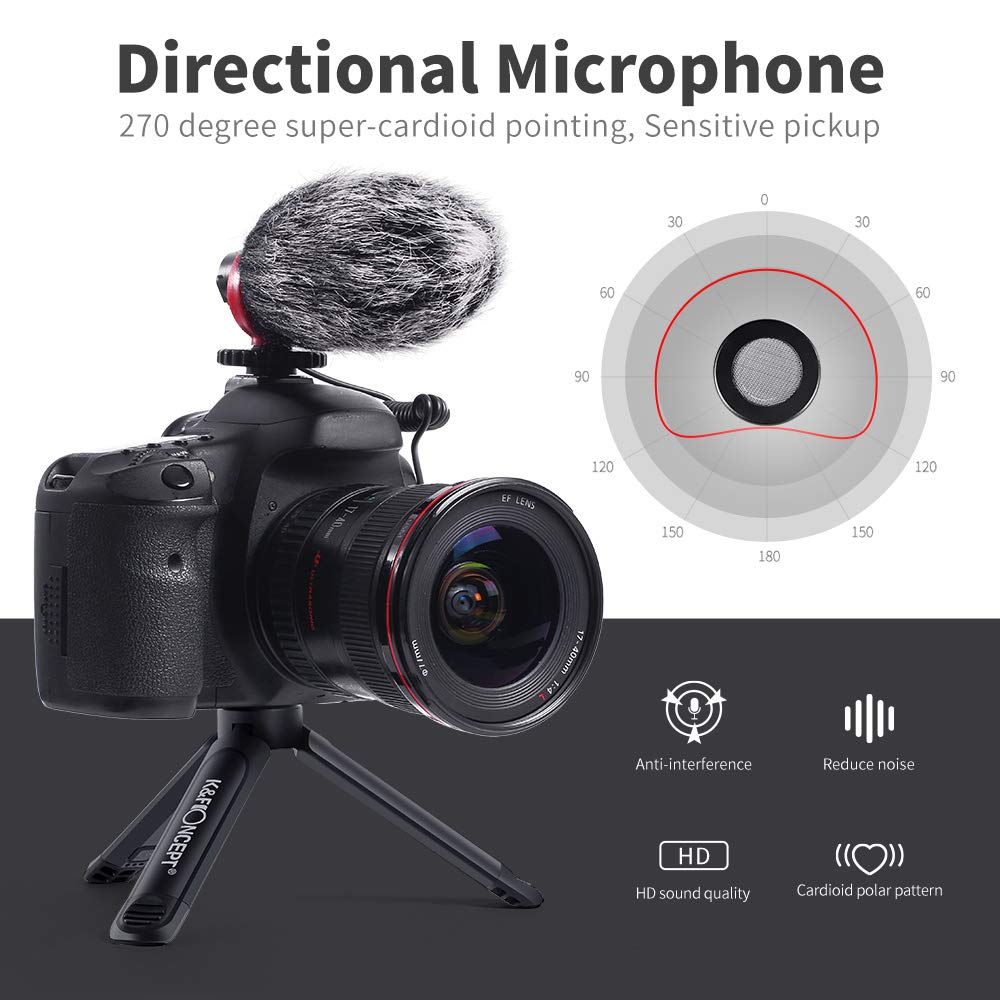 K&F CONCEPT Microfono per Fotocamere CM600, VideoMicro Microfono Direzionale con Treppiede, Microfono Kit per Fotocamere, videocamere