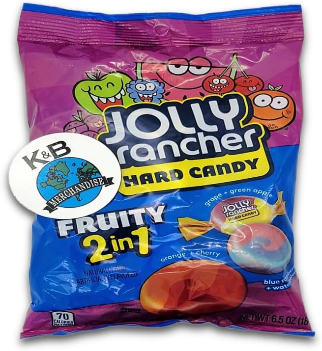 Jolly Rancher Hard Candy Fruity 2 in 1 Assorted Flavors 6.5 ounces - Gluten-Free and Peanut-Free Guaranteed Freshness and Quality. K&B Merchandise Magnet is bundled with each Order.