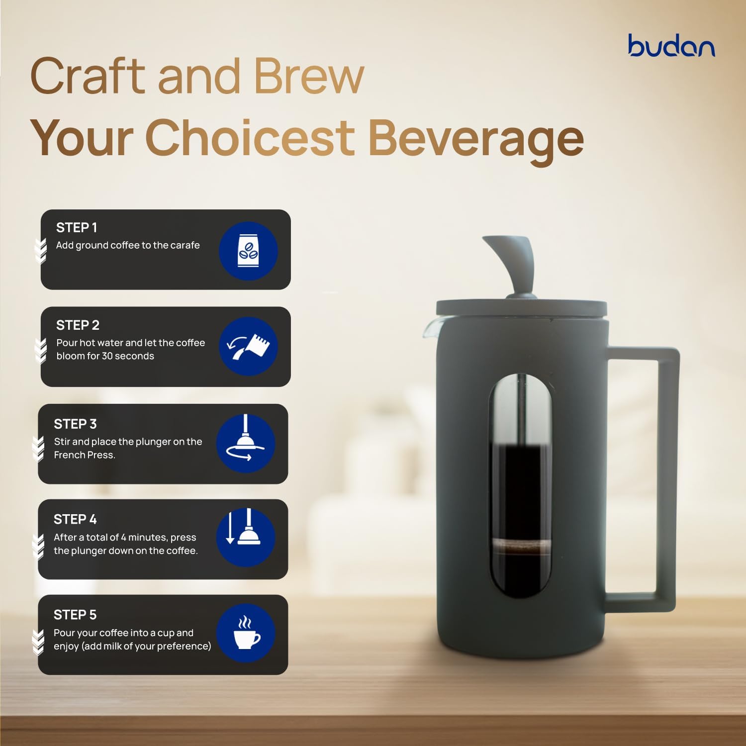 French Press Coffee & Tea Maker 350 ml|Borosilicate Glass Carafe|4 Level Filtration System|Stainless Steel Plunger with Mesh|1-2 Cups of Coffee|Brews in Just 3 Minutes|Black| Durable 350 ml