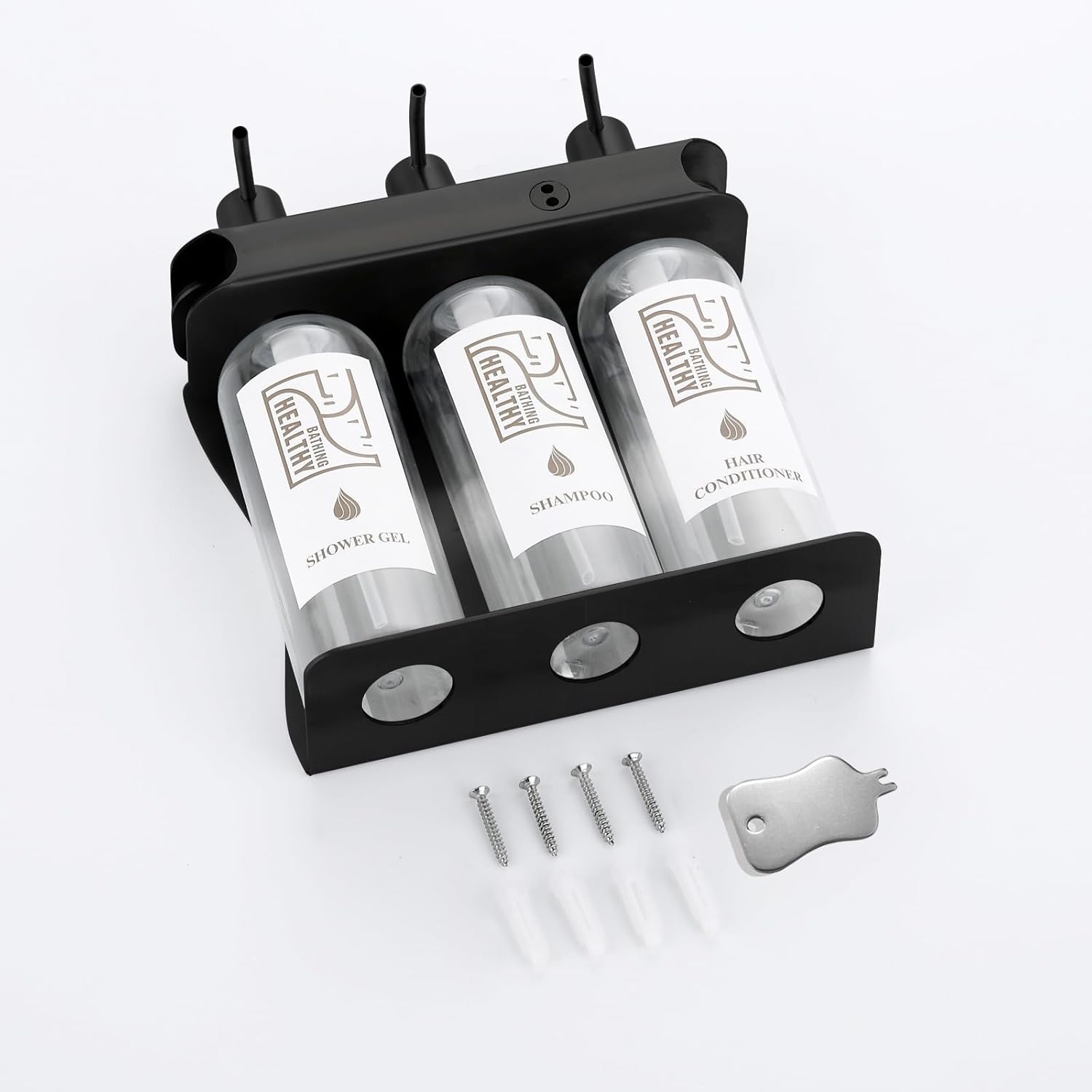 Black Shampoo, Conditioner, Shower Gel Dispenser 3 Room refillable Shampoo and Conditioner Pump Bottle Wall-Mounted Slot Shower soap Dispenser (KCHS-3) - Image 8